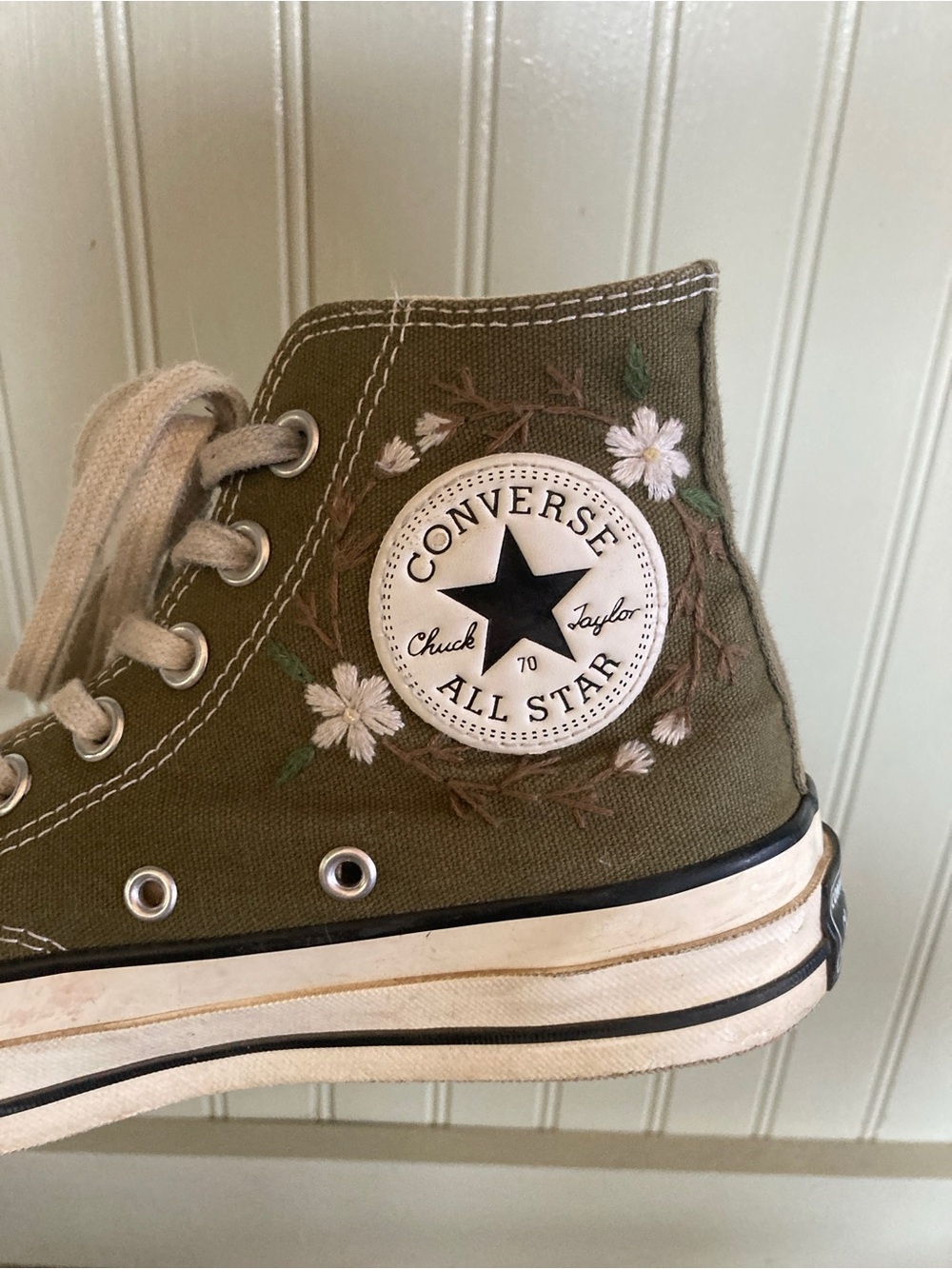 Converse Olive Green Floral Embroidered High-Top Sneakers - Picture 3 of 7
